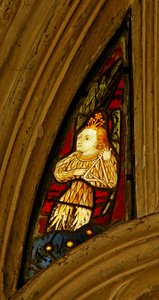 Raam met muzikale engel die de driehoek speelt, de Beauchamp-kapel, Saint Marys, Warwick door English School